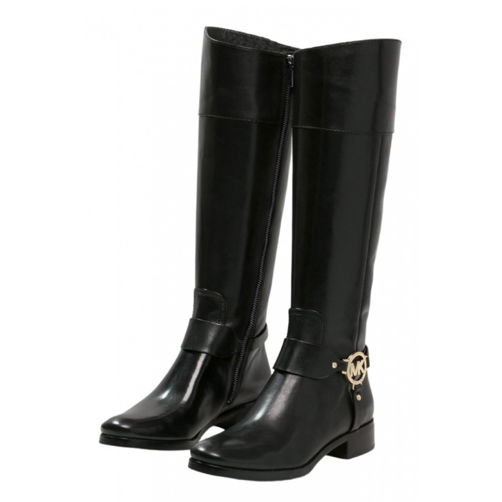 Michael Kors Black Leather Fulton Knee High Tall Riding Boots with Gold Logo